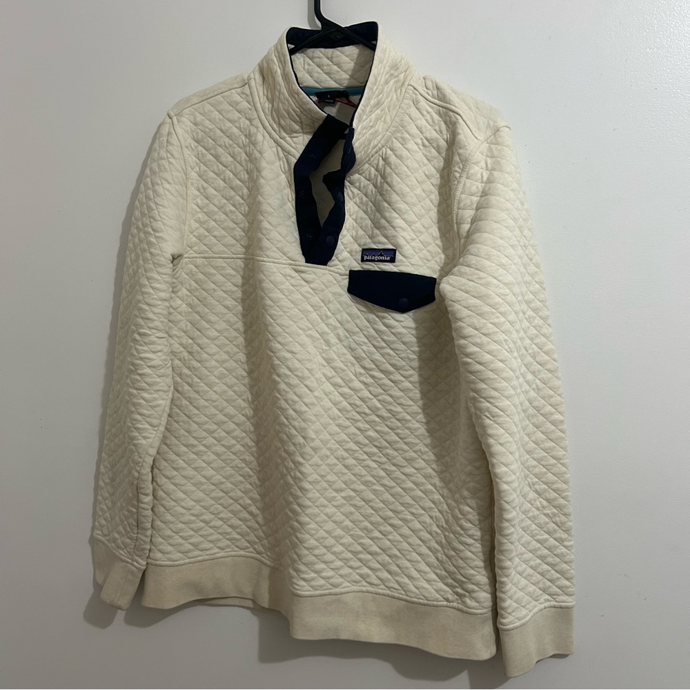 Patagonia Women's Organic Cotton Quilt Snap-T Pullover Cream & Blue Size Large